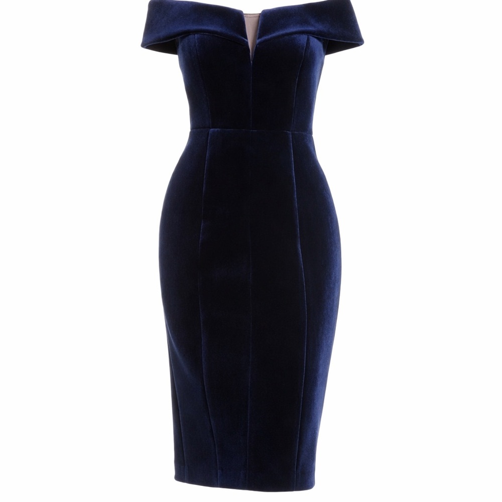 Vince Camuto Navy Velvet Off Shoulder Dress Elegant Cocktail Sheath